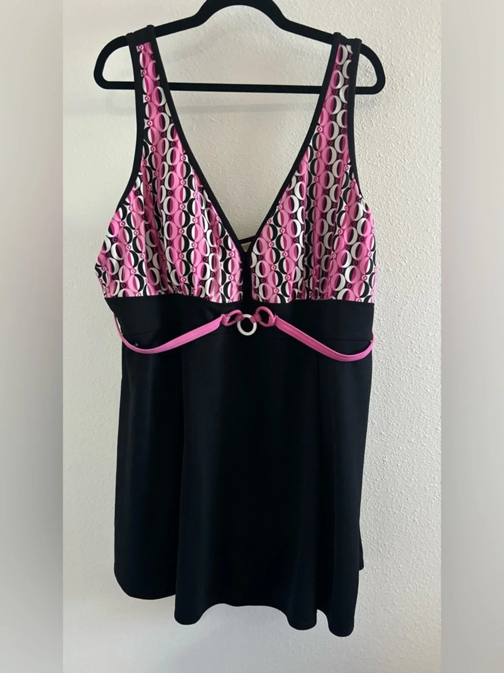 Inches Off Pink and Black V-Neck Women’s One-Piece Swimdress